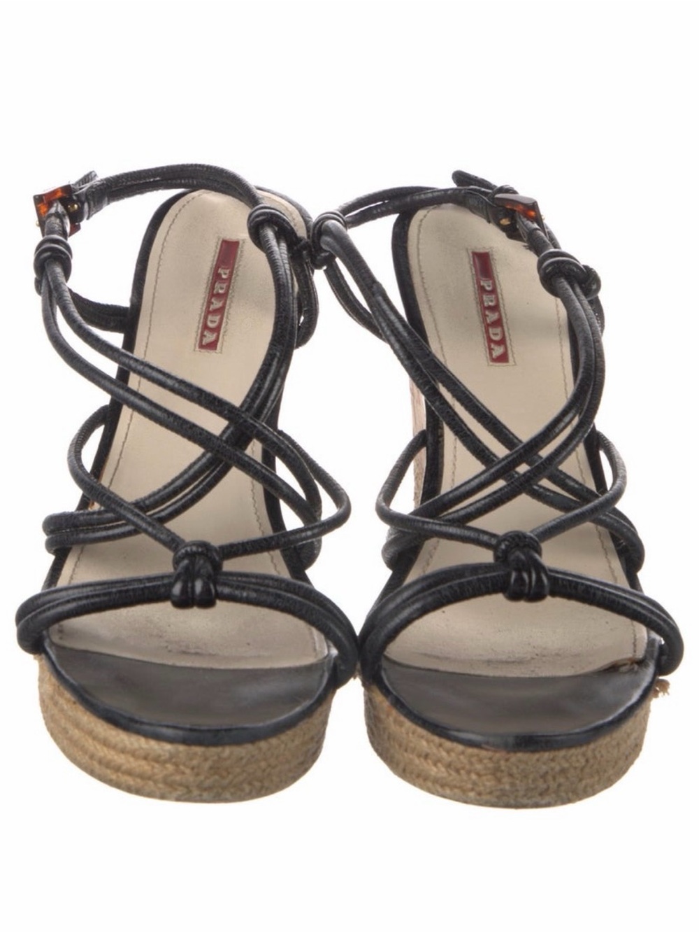 Prada Black Knotted Strappy Espadrille Wedge Sandals